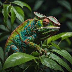 Obraz premium A brightly colored chameleon blending into a lush green leaf.