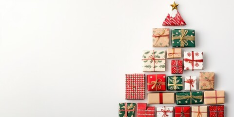 Christmas tree shape created with colorful gift wrappers in red, green, and gold, arranged with a star on top against a white background.