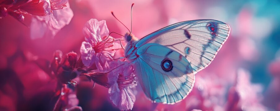 Portrait of a butterfly sitting on a pink flower, vibrant macro photography.