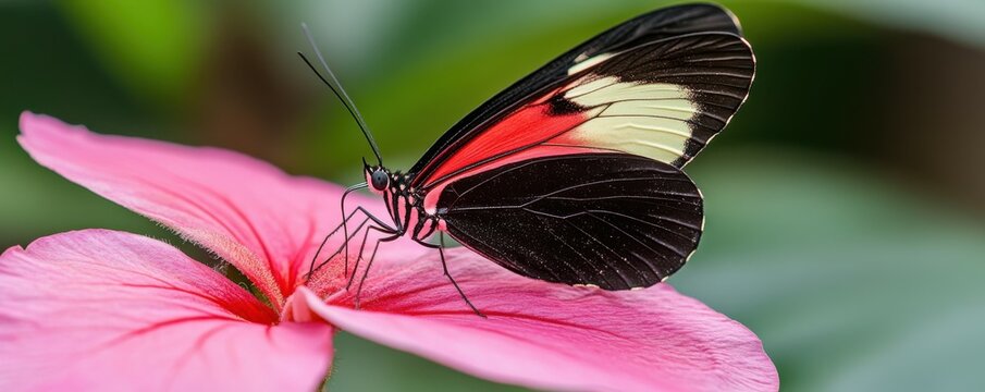 Portrait of a butterfly sitting on a pink flower, vibrant macro photography.