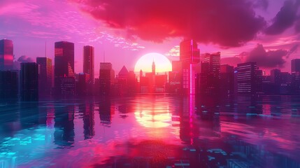 Fototapeta premium A vibrant cityscape with a retro-futuristic aesthetic, featuring a pink and blue sunset reflected on the water.