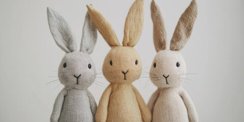 Obraz premium Handcrafted bunny toys for children in gray, beige, and light brown colors arranged symmetrically against a soft white background.