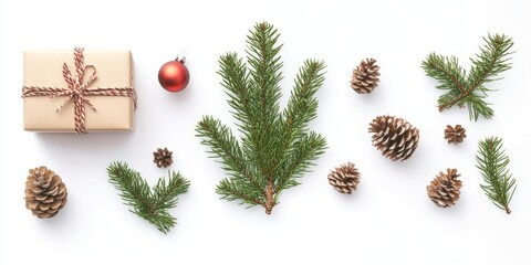 Festive flat lay with evergreen tree branches pine cones and red ornament alongside a wrapped gift box on a clean white background