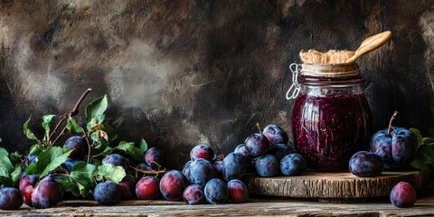 Rustic composition of homemade plum jam in a glass jar with wooden lid surrounded by fresh plums on a weathered wooden surface and dark backdrop