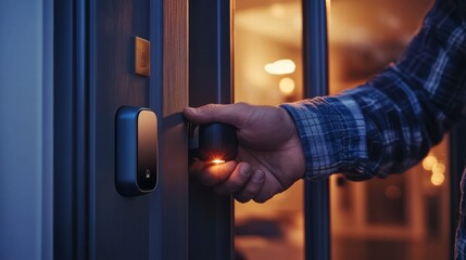 A man securing his home with an auto-locking smart lock enhances both convenience and safety, ensuring peace of mind with automated protection.