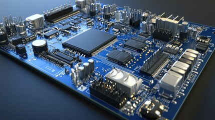 Close-Up of a Blue Motherboard with Integrated Circuitry