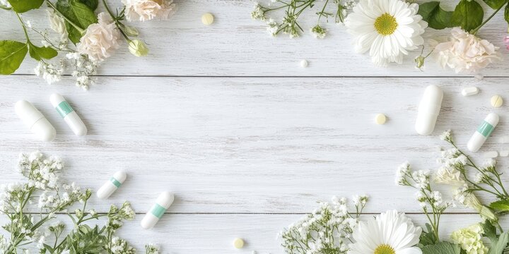 Medical treatment theme featuring enema suppositories and white flowers on a white wooden table. Soft greens and pastel hues create a serene layout.