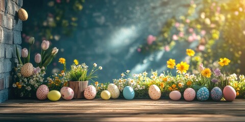 Naklejka premium Springtime Easter scene with pastel colored eggs arranged on a wooden table surrounded by vibrant flowers and soft sunlight filtering through trees