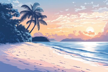 Serene Sunset Beach Scene With Palm Trees