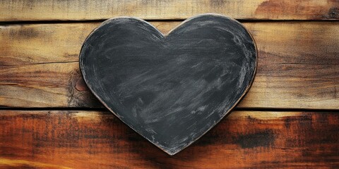 Heart-shaped chalkboard placed centrally on a rustic wooden surface featuring warm brown tones and subtle grain patterns, ideal for decorative displays.
