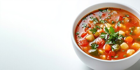 Minestrone soup with vibrant vegetables in a white bowl, garnished with fresh parsley, set against a clean white background for copy space.