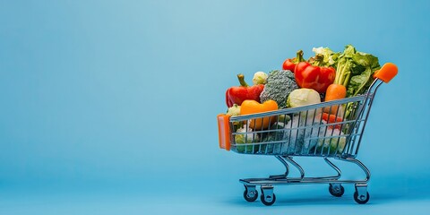 Colorful toy shopping cart filled with assorted frozen vegetables on a bright blue background with ample copyspace to the right for ads or text