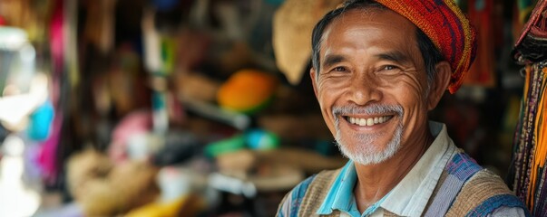 Obraz premium Portrait of a cheerful shopkeeper in a vibrant local market.