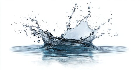 Dynamic water splash creating ripples in a shallow pool with droplets dispersing amidst a bright white background emphasizing clarity and freshness.