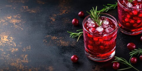 Cranberry rosemary cocktail in clear glass with ice on dark textured background garnished with fresh rosemary and scattered cranberries on side