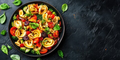Colorful vegetarian tortellini dish with vibrant tomatoes, green broccoli, and fresh spinach on a dark textured background showcasing healthy ingredients.