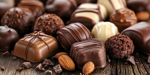 Assorted gourmet chocolates in rich dark and light brown tones arranged on a wooden surface with almonds, creating a sumptuous dessert experience.