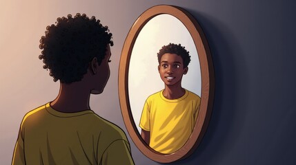  A person looking into a mirror that reflects their ideal self, while a supportive figure stands behind them, offering words of encouragement.