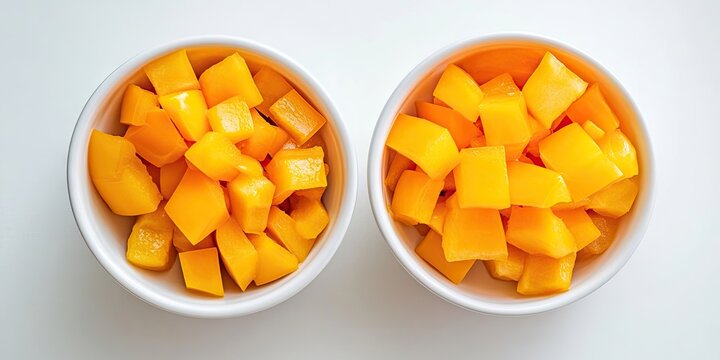 Chopped yellow bell pepper cubes in two white ceramic bowls arranged symmetrically against a bright white background for a fresh and vibrant look