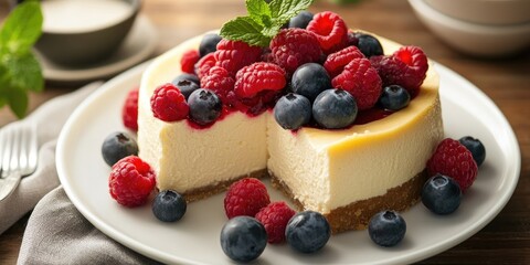 Cheesecake slice with fresh raspberries and blueberries garnished with mint on a white plate, with soft natural lighting and wooden background