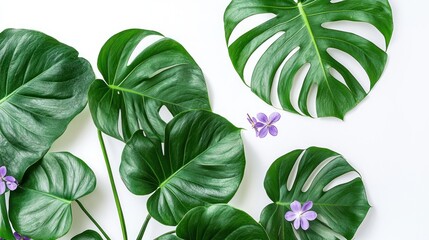 Tropical Monstera Leaves and Purple Flowers on White Background