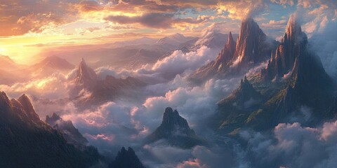 Majestic mountains with jagged peaks and rolling clouds under a vibrant sunset sky featuring warm oranges and cool purples in a serene landscape.