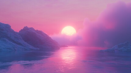 Pink Sunset over Frozen Mountains