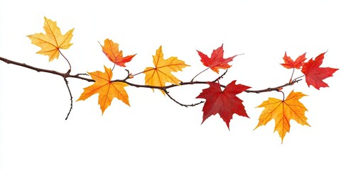 Fototapeta premium Autumn maple branch with vibrant orange, yellow, and red leaves arranged diagonally against a clean white background for seasonal themes