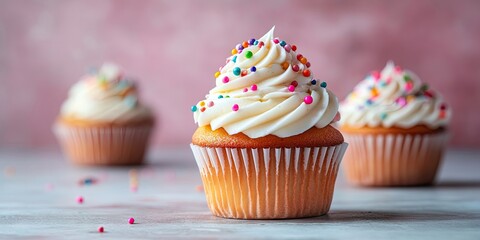 Frosted vanilla cupcake in foreground with colorful sprinkles, blurred cupcakes in background, soft pink gradient backdrop, inviting dessert scene.