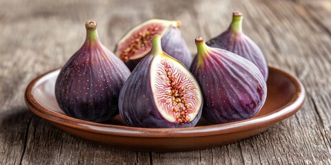 Fototapeta premium Vibrant purple figs arranged neatly on a brown ceramic plate against a rustic wooden background showcasing their delicious and nutritious qualities