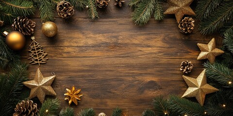 Elegant Christmas decoration arrangement featuring golden ornaments, pinecones, and green pine branches on a rustic wooden background.