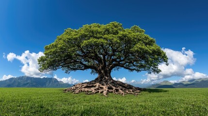 Majestic oak tree in a green field, mountains background.  Nature, environment, growth, sustainability concept