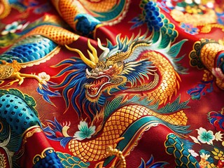 Fototapeta premium Close-up Detail of Antique Silk Kimono Fabric, Dragon Print, Japanese Textile Art