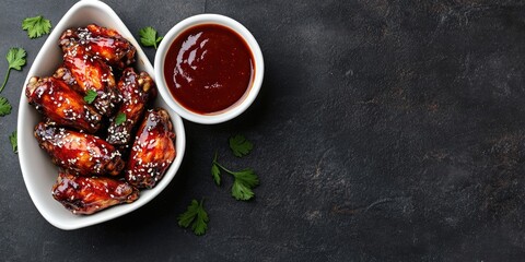 Spicy glazed chicken wings with sesame seeds in white bowl beside barbecue sauce on dark textured background ample copy space top view