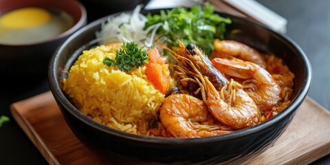 Delicious curry rice topped with deep-fried prawns in a black bowl surrounded by tomato and herbs with soup and tea in the background.