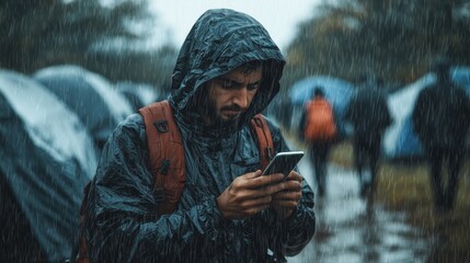 Rainy Day Tech: Man Checking Phone in the Rain