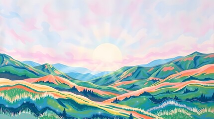 A radiant sunrise casts a warm glow over rolling green hills, creating a serene and inviting landscape. Soft hues of pink and blue blend in the sky, enhancing the peaceful atmosphere of the scene.