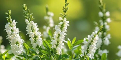 Fototapeta premium White blooms of Cuphea hyssopifolia gracefully rise amidst fresh green leaves, arranged vertically against a soft green blurred background.