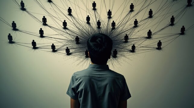  A person surrounded by a web of dark strings, each thread connected to a loved one, pulling them in every direction