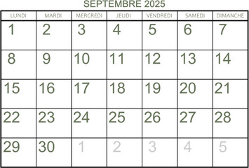 Grille calendrier pour le mois de septembre 2025