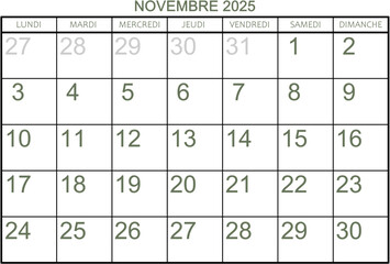 Grille calendrier pour le mois de novembre 2025