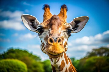 Close-Up Minimalist Giraffe Face, Funny Animal Portrait, Wildlife Photography