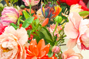 Original flowers made of polymer clay. The most realistic display. Soft focus. Close-up.