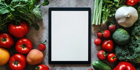 Fresh fruits and vegetables surrounding a digital tablet with a blank white screen on a textured gray table in vibrant red and green colors.