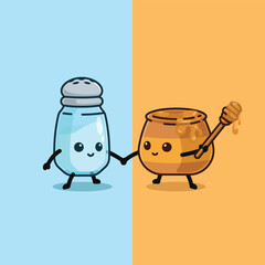 Simple cute salt and honey holding hands cartoon vector illustration Collection of salt and honey concept icon isolated