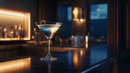 A martini glass with an olive sits on a polished bar. This photo is categorized as 'drinks' within the Adobe Stock website interface, suggesting its use for visual content
