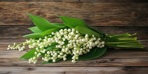 Obraz premium Delicate white lilies of the valley bouquet on a rustic wooden surface with vibrant green leaves elegantly arranged for a natural aesthetic