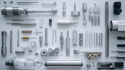 Fototapeta premium A clean white background with various industrial tools neatly arranged, representing manufacturing precision