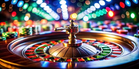 Close-up of a roulette wheel with a bet on zero, casino chips, and a dimly lit casino background.  A gritty, candid documentary style photo.