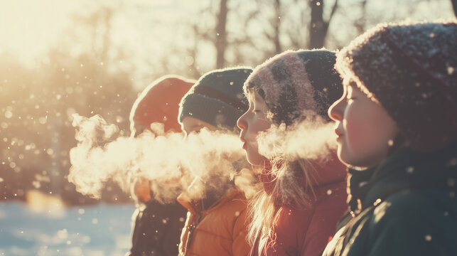 Group of children blowing misty breath in a snowy winter landscape